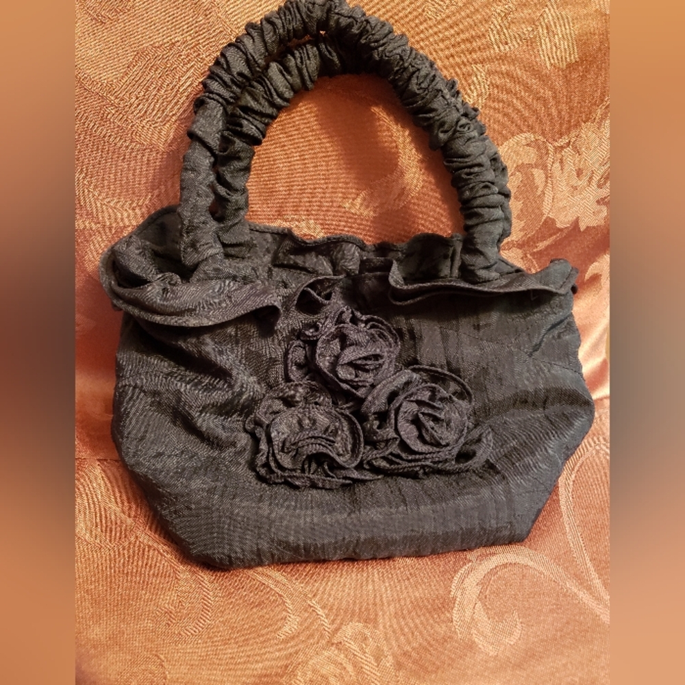 Vintage Dressy Purse Black, Roses 10" X 11 " including handles. Soft, Pre-Owned